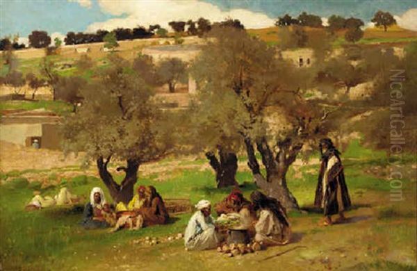 Arab Figures Seated With Their Harvest Beyond The Village Oil Painting by Pierre Jan van der Ouderaa