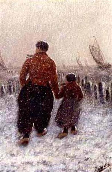 Volendammers Walking In The Snow Oil Painting by Jacob Oudes Sr.