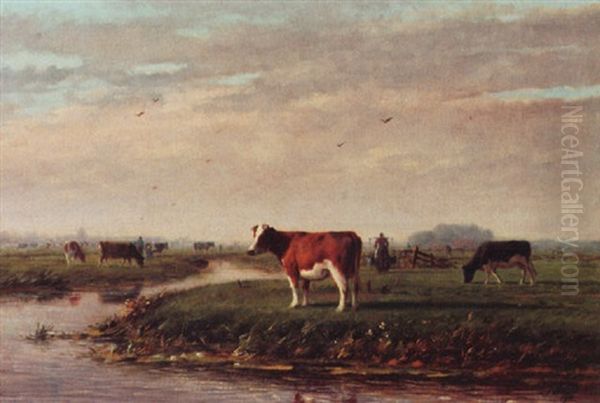 Cows In A Polder Landscape Oil Painting by Jacob Oudes Sr.