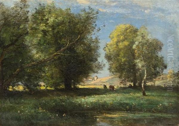 Cattle In Sunny Meadow Oil Painting by Achille Francois Oudinot