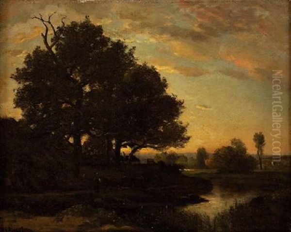 Rentree Des Vaches A L'etable Au Crepuscule Oil Painting by Achille Francois Oudinot