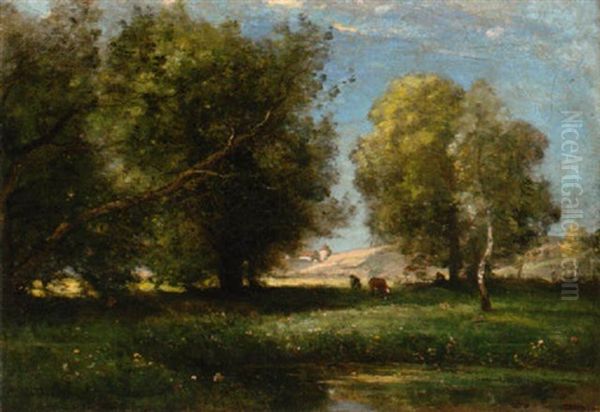 Cattle In A Sunlit Meadow Oil Painting by Achille Francois Oudinot