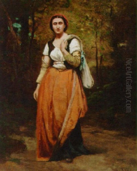 A Woman On A Path In A Wooded Landscape Oil Painting by Achille Francois Oudinot