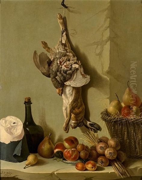 Nature Morte Au Lievre Et Perdrix Suspendus Au-dessus D'un Entablement Ou Sont Disposes Une Jatte De Fruits, Une Bouteille Et Un Pain De Suc Oil Painting by Jacques Charles Oudry