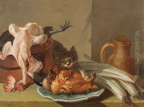 Kuchenstillleben Mit Junger Katze, An Einem Gebratenen Hahnchen Naschend Oil Painting by Jacques Charles Oudry