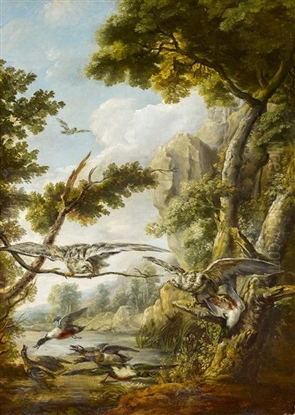 Greifvogel Mit Enten Oil Painting by Jacques Charles Oudry