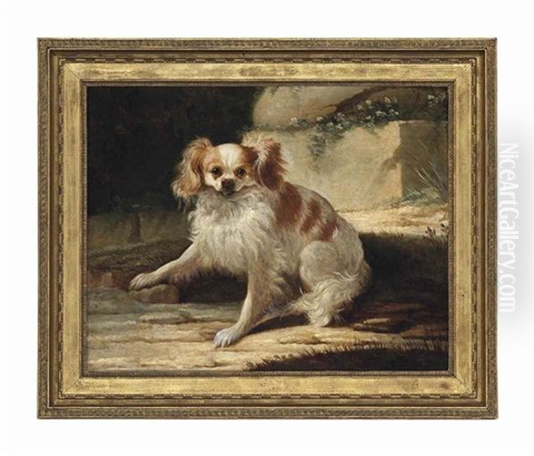 A Brown And White Spaniel In A Landscape Oil Painting by Jacques Charles Oudry