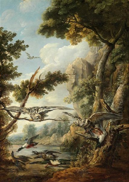 A Landscape With Birds Of Prey And Wild Ducks Oil Painting by Jacques Charles Oudry