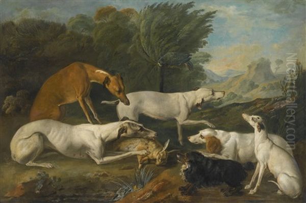 Dogs In A Landscape With Their Catch Oil Painting by Jacques Charles Oudry