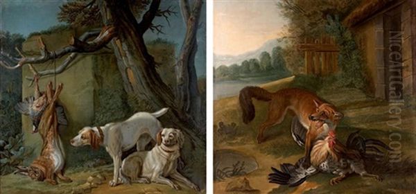 Renard Devorant Une Poule Et Trophee De Chasse Avec Des Chiens (pair) Oil Painting by Jacques Charles Oudry