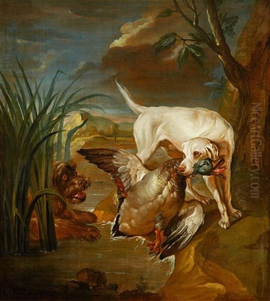 Chiens Attaquant Un Colvert Oil Painting by Jacques Charles Oudry