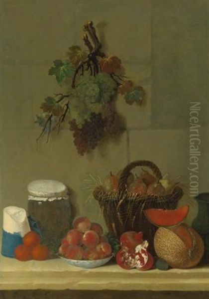 A Still Life With A Wheat Lined Basket Of Pears, A Jug, A Melon, A Bowl Of Peaches, Oranges, Cheese And A Jar Of Cherries On A Ledge, Bunches Of Grapes Hanging Above Oil Painting by Jacques Charles Oudry