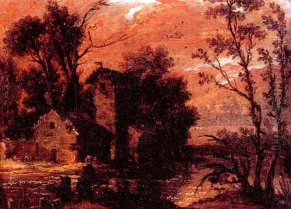 Paysage Avec Moulin Et Pecheurs Oil Painting by Jacques Charles Oudry