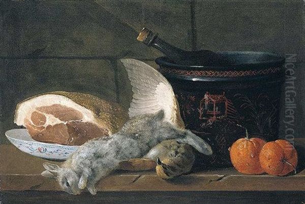 Still Life With A Ham, A Porcelain Bowl, A Chinoiserie Pot, Two Oranges, A Rabbit And A Partridge, Together On A Wooden Table Oil Painting by Jacques Charles Oudry