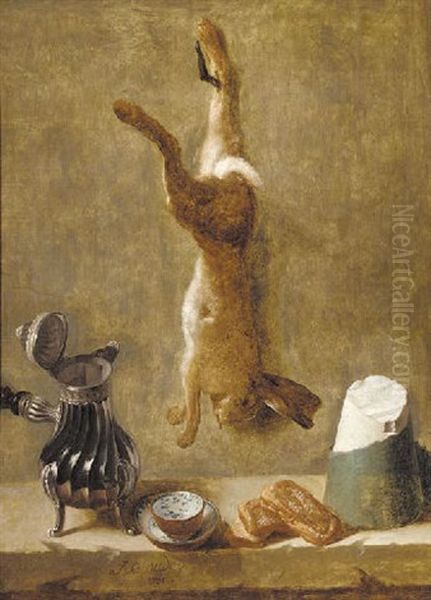 A Dead Hare Hanging From A Nail With Coffee Pot, Cup And Saucer, Pastries And A Block Of Salt On A Ledge Oil Painting by Jacques Charles Oudry