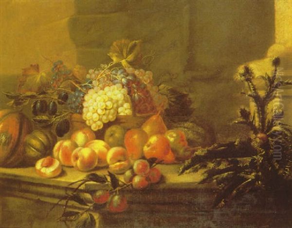 A Still Life Of A Basket Of Grapes With A Flowering Thistle Beside Pears, Plums, Peaches And Melons On A Stone Ledge Oil Painting by Jacques Charles Oudry