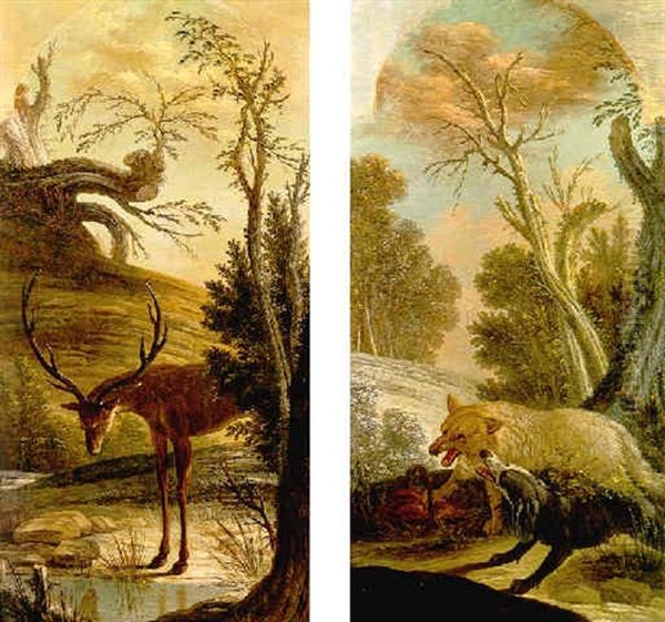 Deer At A Stream In A Landscape Oil Painting by Jacques Charles Oudry