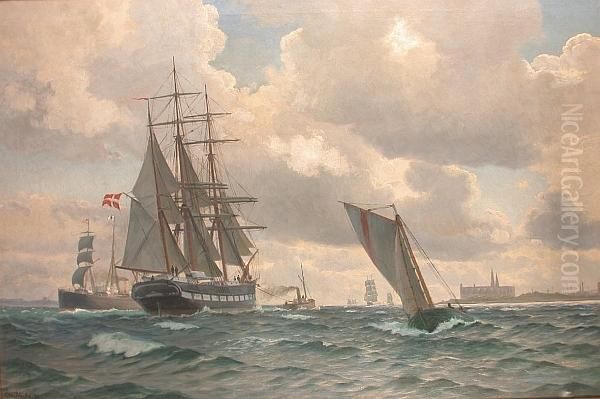 A Tug Pulling A Three-master: A Busy Day On The Sound Oil Painting by Christian Blanche