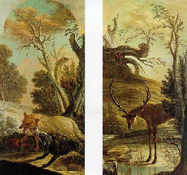 Deer At A Stream In A Landscape Oil Painting by Jacques Charles Oudry