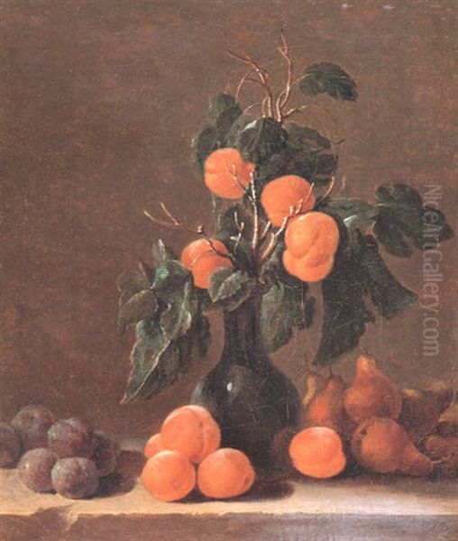 Still Life Of A Sprig Of Apricots In A Glass Vase Oil Painting by Jacques Charles Oudry