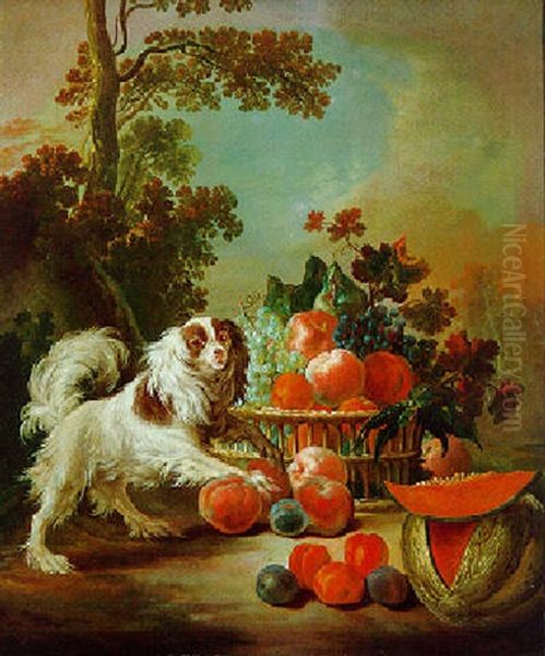 Stilleben Von Fruchten Mit Einem Spaniel Oil Painting by Jacques Charles Oudry