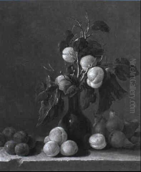 Sprigs Of Apricot In A Glass Vase With Fruit On A Stone Ledge Oil Painting by Jacques Charles Oudry