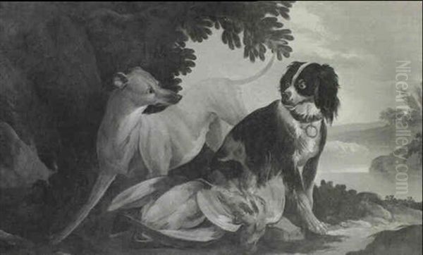 A Long Dog And A Spaniel With A Duck And A Partridge In A   Landscape by Jacques Charles Oudry