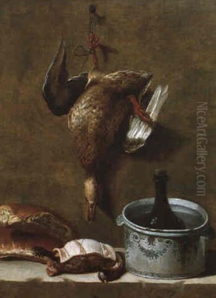 Trophee De Chasse, Canard Suspendu Et Rafraichissoir Oil Painting by Jacques Charles Oudry