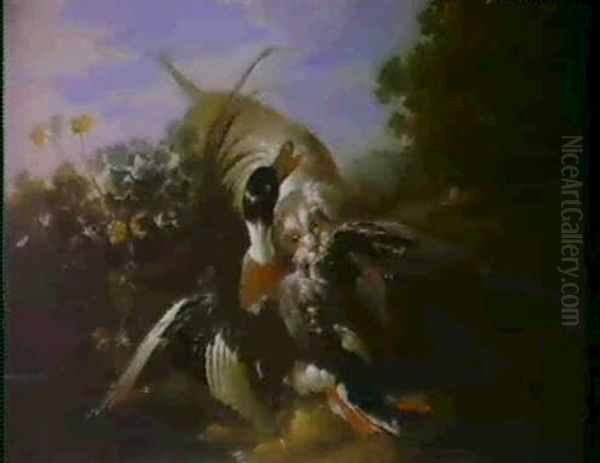 Chien Barbet Attaquant Un Canard  Renard      Gardant Un Coq Faisan Oil Painting by Jacques Charles Oudry