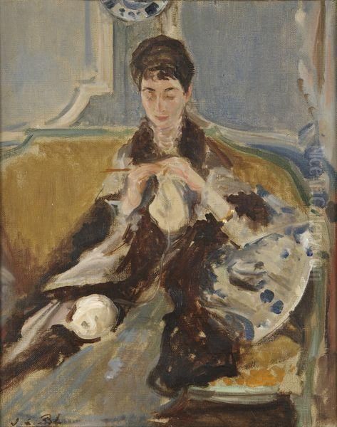 Portrait De Madame Langweil A Son Tricot Oil Painting by Jacques-Emile Blanche