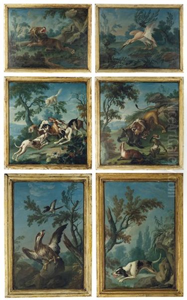 Jean De La Fontaine's Fables: The Lion And The Gnat; The Cat And The Fox; The Eagle And The Magpie; The Dog Who Dropped Substance For Shadow; The Heron; And The Lion Oil Painting by Jean-Baptiste Oudry