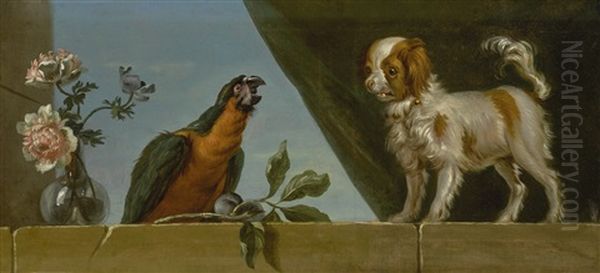 A Parrot And A Dog On A Stone Ledge Alongside A Vase Of Flowers, A Green Curtain Beyond Oil Painting by Jean-Baptiste Oudry