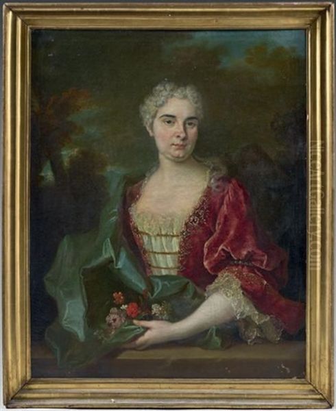 Portrait Presume De Madame Ponchon En Robe Rouge (+ Portrait Presume De Monsieur Ponchon En Habit Bleu; Pair) Oil Painting by Jean-Baptiste Oudry