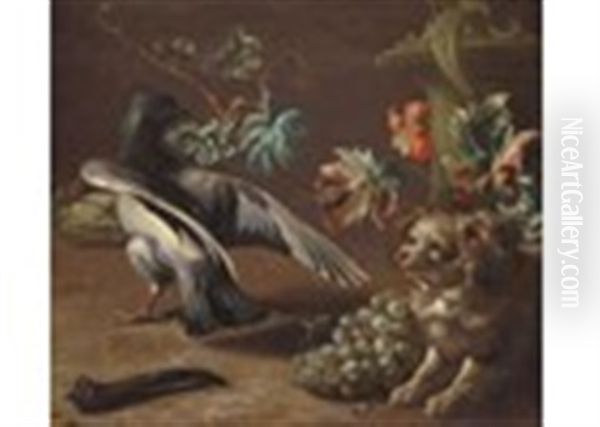 A Spaniel And Bird With Fruiting Vine And Ornamental Knife Oil Painting by Jean-Baptiste Oudry