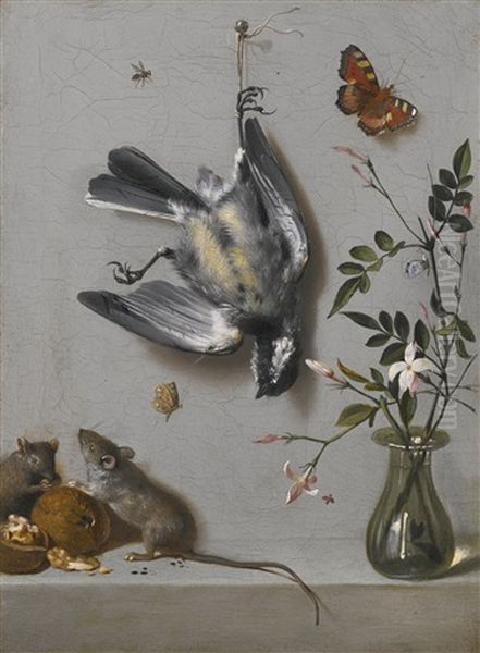 Still Life Of A Songbird And Butterflies, With Mice Eating Walnuts And Flowers In A Vase On A Stone Ledge Oil Painting by Jean-Baptiste Oudry