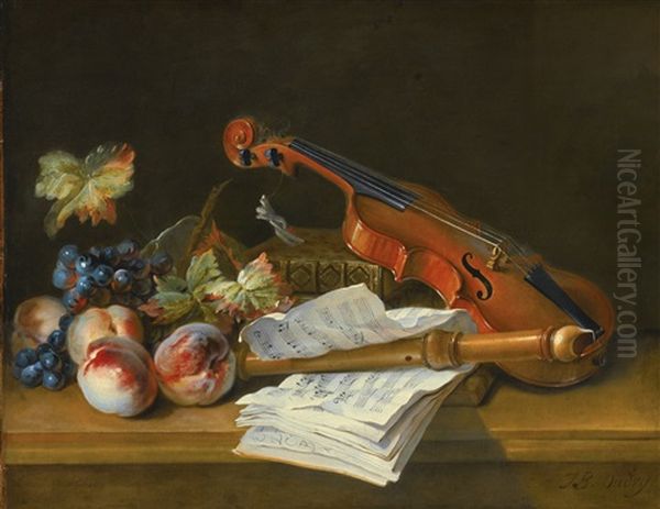 Still Life With A Violin, A Recorder, Books, A Portfolio Of Sheet Of Music, Peaches And Grapes On A Table Top Oil Painting by Jean-Baptiste Oudry