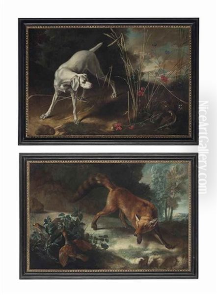 A Dog Pointing A Partridge; And A Fox Stalking A Brace Of Partridges Oil Painting by Jean-Baptiste Oudry