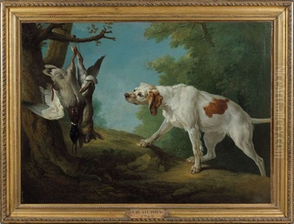 Chienne Blanche A L'arret Devant Un Lapin Et Un Colvert Oil Painting by Jean-Baptiste Oudry