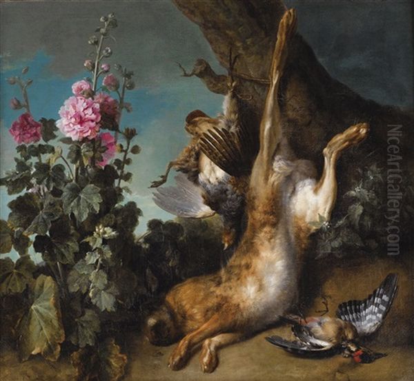 Nature Morte Au Perdreau, Lievre Et Rose Tremiere Oil Painting by Jean-Baptiste Oudry