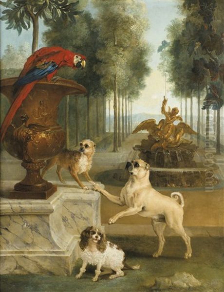 Three Dogs And A Macaw In A Park Oil Painting by Jean-Baptiste Oudry