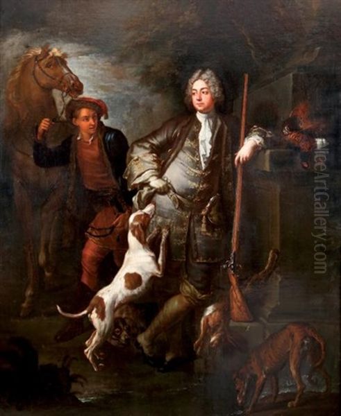 Portrait De Monsieur Tarbocher De Beaumont En Chasseur Avec Ses Chiens, Un Palefrenier Tenant Son Cheval Par La Bride Oil Painting by Jean-Baptiste Oudry