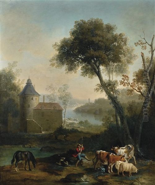 Pastorale Avec Un Chateau A L'arriere Plan Oil Painting by Jean-Baptiste Oudry