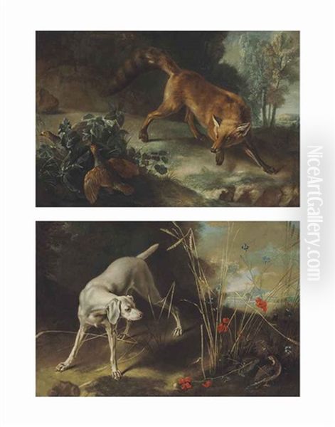 A Fox Stalking A Brace Of Partridges; A Dog Pointing A Partridge (pair) Oil Painting by Jean-Baptiste Oudry