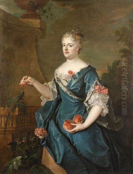 Portrait De Dame A La Robe De Satin Bleu Donnant Des Cerises A Un Perroquet Dans Un Paysage Architecturee Oil Painting by Jean-Baptiste Oudry