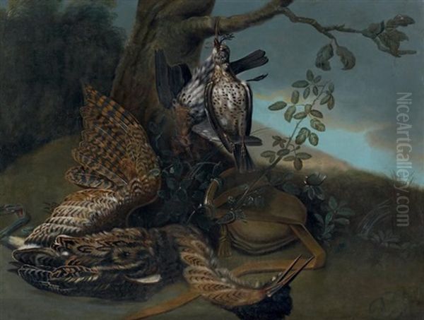 Trophee De Chasse Au Butor Etoile Et Perdrix Grises Suspendues A Un Arbre Oil Painting by Jean-Baptiste Oudry