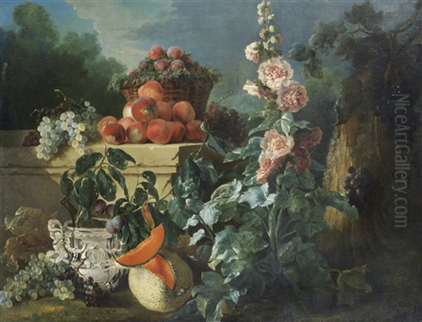 A Still Life Of Grapes, Peaches And A Basket Of Plums On A Stone Ledge Above A Silver Wine Cooler Beside A Split Melon And A Pink Hollyhock In A Wooded Park Oil Painting by Jean-Baptiste Oudry