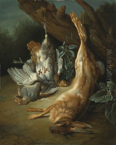 A Landscape With A Brace Of Partridges And A Hare Oil Painting by Jean-Baptiste Oudry