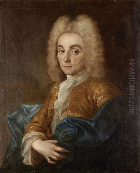 Portrait Of A Gentleman, Said To Be Charles Francois, Duc De La Valliere (1670-1739), Half-length, In A Gold Brocade Coat And A Blue Silk Wrap Oil Painting by Jean-Baptiste Oudry