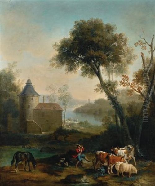 Pastorale Avec Un Chateau A L'arriere Plan Oil Painting by Jean-Baptiste Oudry