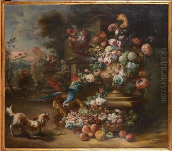 Still Life Of A King Charles Spaniel And A Parrot Oil Painting by Jean-Baptiste Oudry